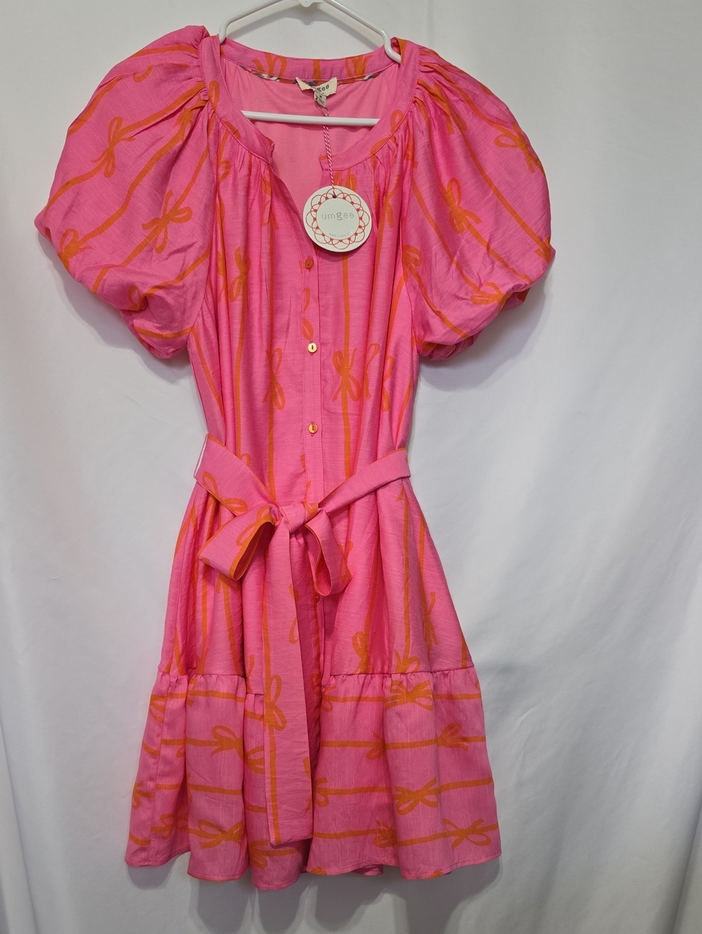 NWT Umgee Pink Orange Bow Stripe Tiered Babydoll Mini Dress Puff Sleeve